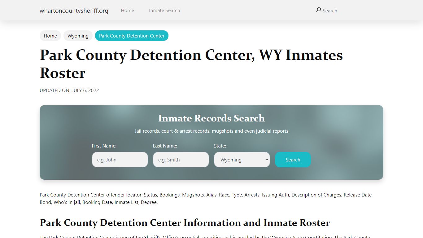 Park County Detention Center, WY Jail Roster, Name Search